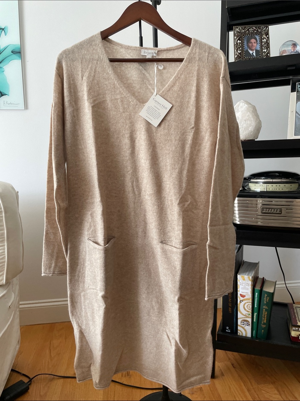 Cashmere Casual V-Neck Long Sleeve Knit Dress in Cream